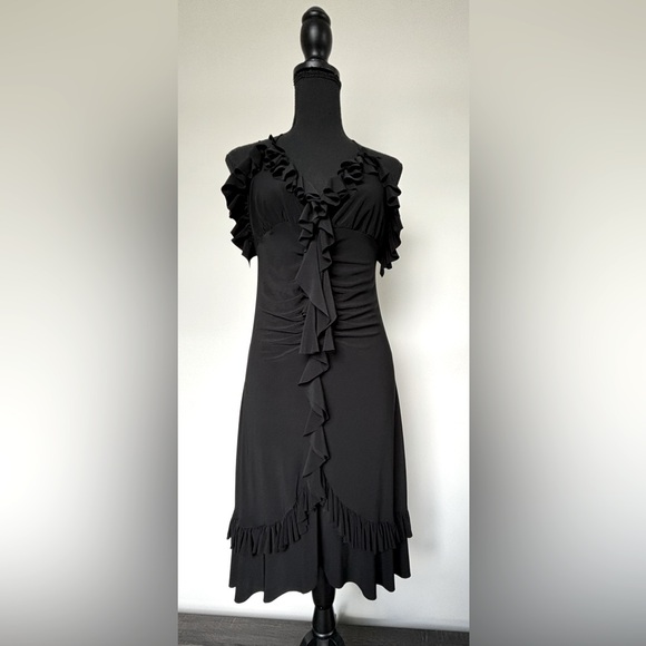 Women's Elegant V Neck Ruffle Trim Open Back Halter Black Cocktail Dress Midi M - Picture 4 of 8